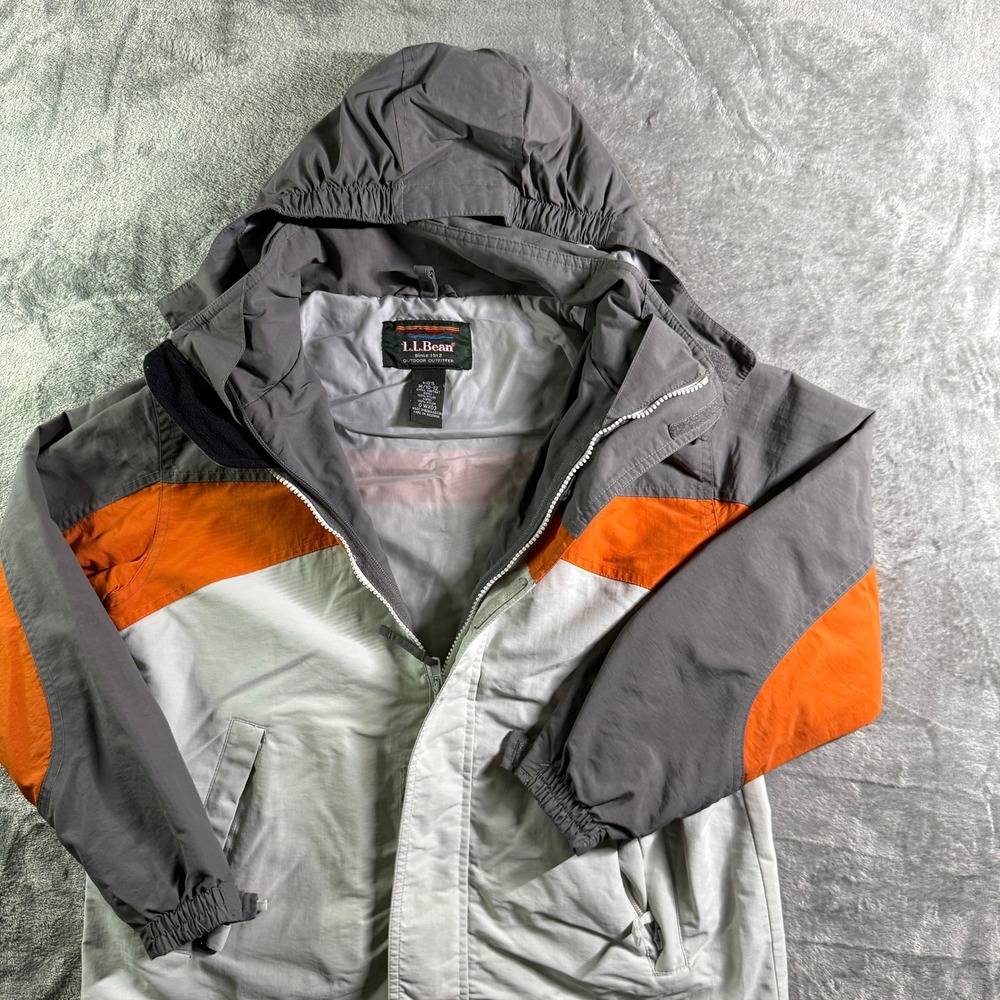 LL Bean Kids' Rain Jacket Hooded Gray Orange Colorblock M/10-12